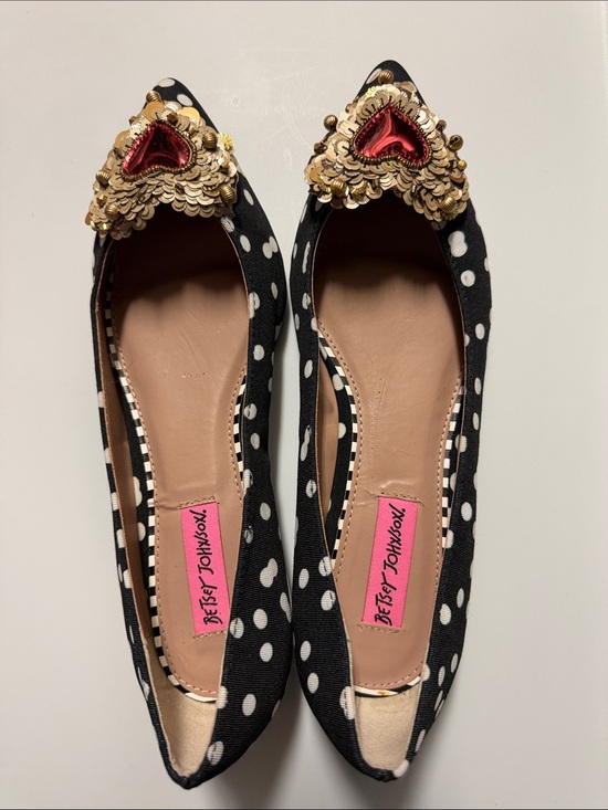 Betsey Johnson Shoes - Betsey Johnson Black & White Polka Dot Flats with Gold Sequin and Red Heart
